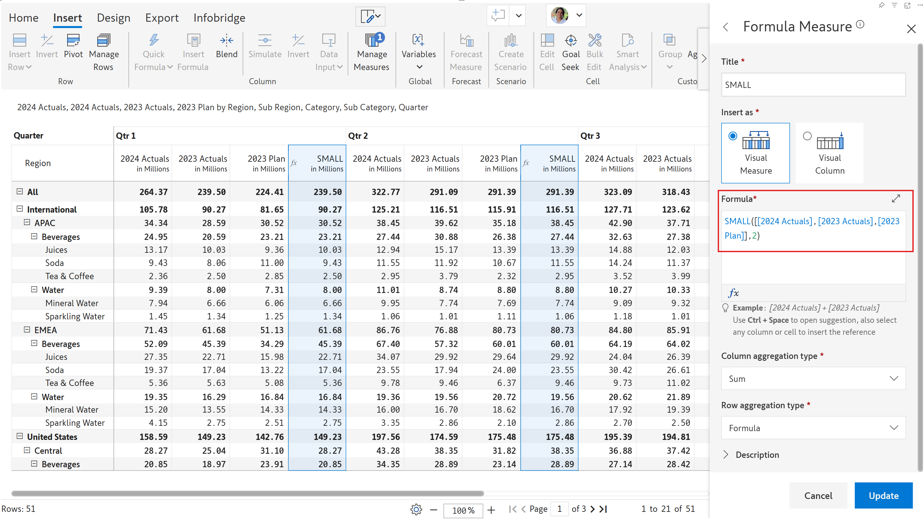 How to use the LARGE function to calculate the second smallest value among the 2024 Actuals, 2023 Actuals and 2023 Plan measures